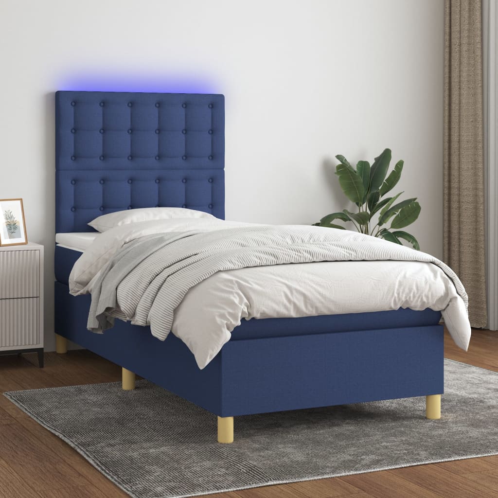 Krevet box spring s madracem LED plavi 90x200 cm od tkanine