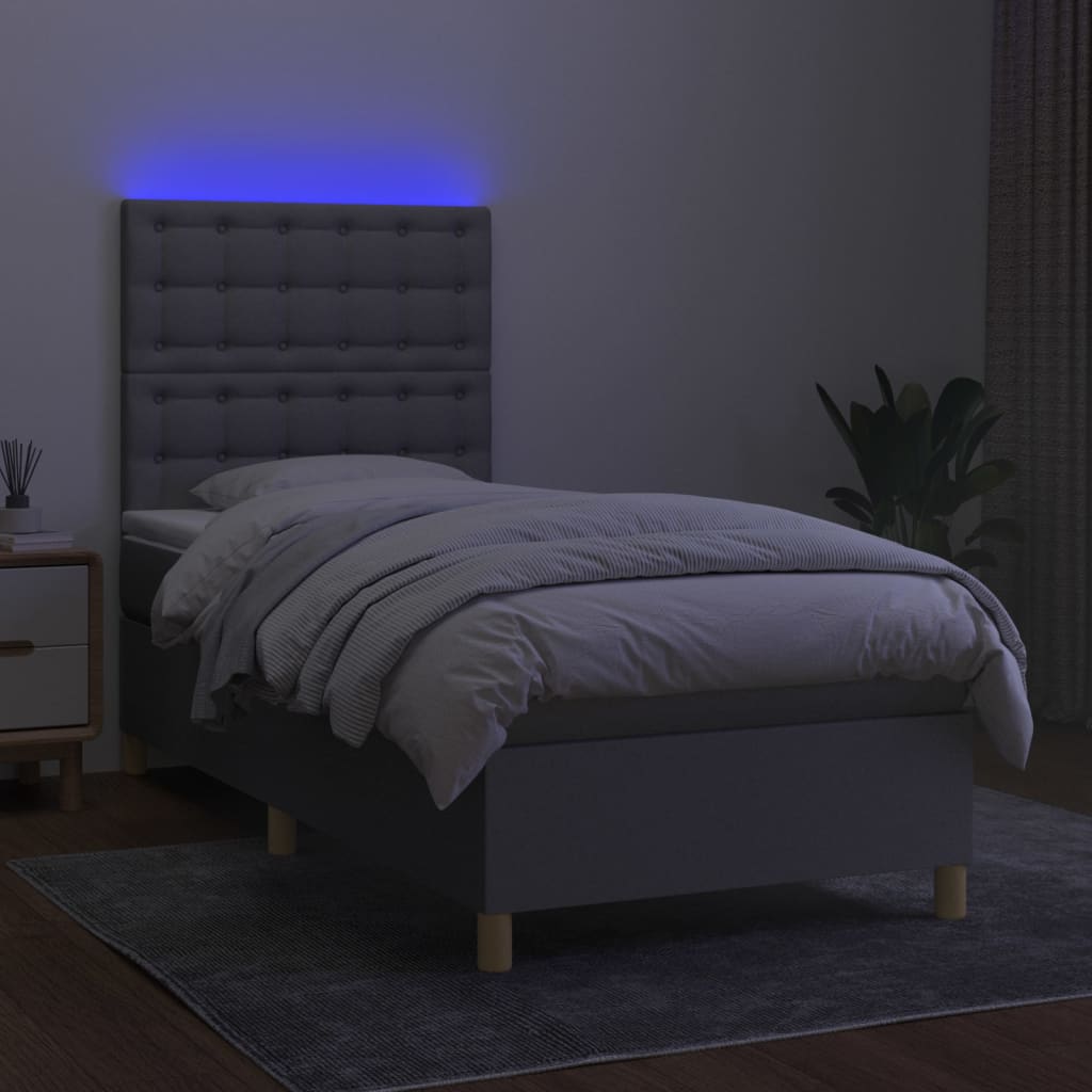 Krevet box spring s madracem LED svjetlosivi 100x200 cm tkanina