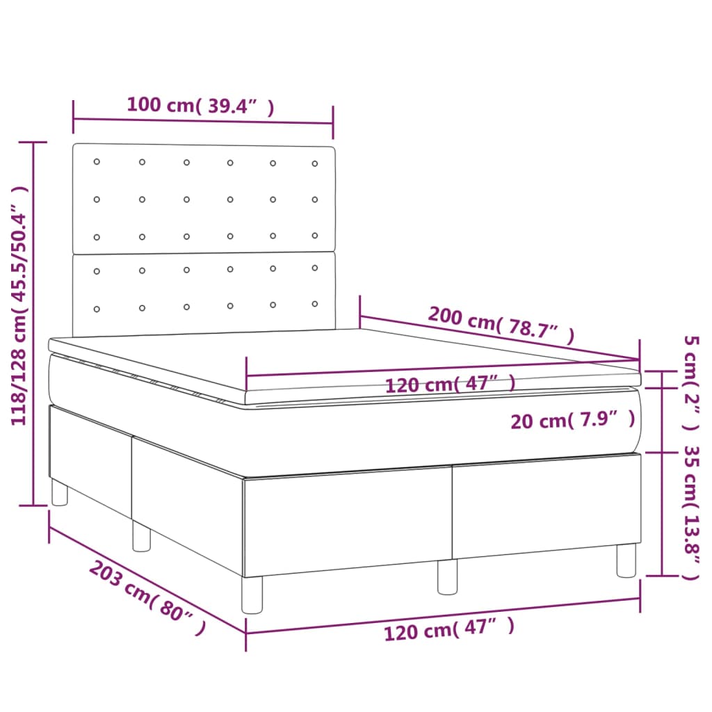Krevet box spring s madracem LED smeđesivi 120 x 200 cm tkanina