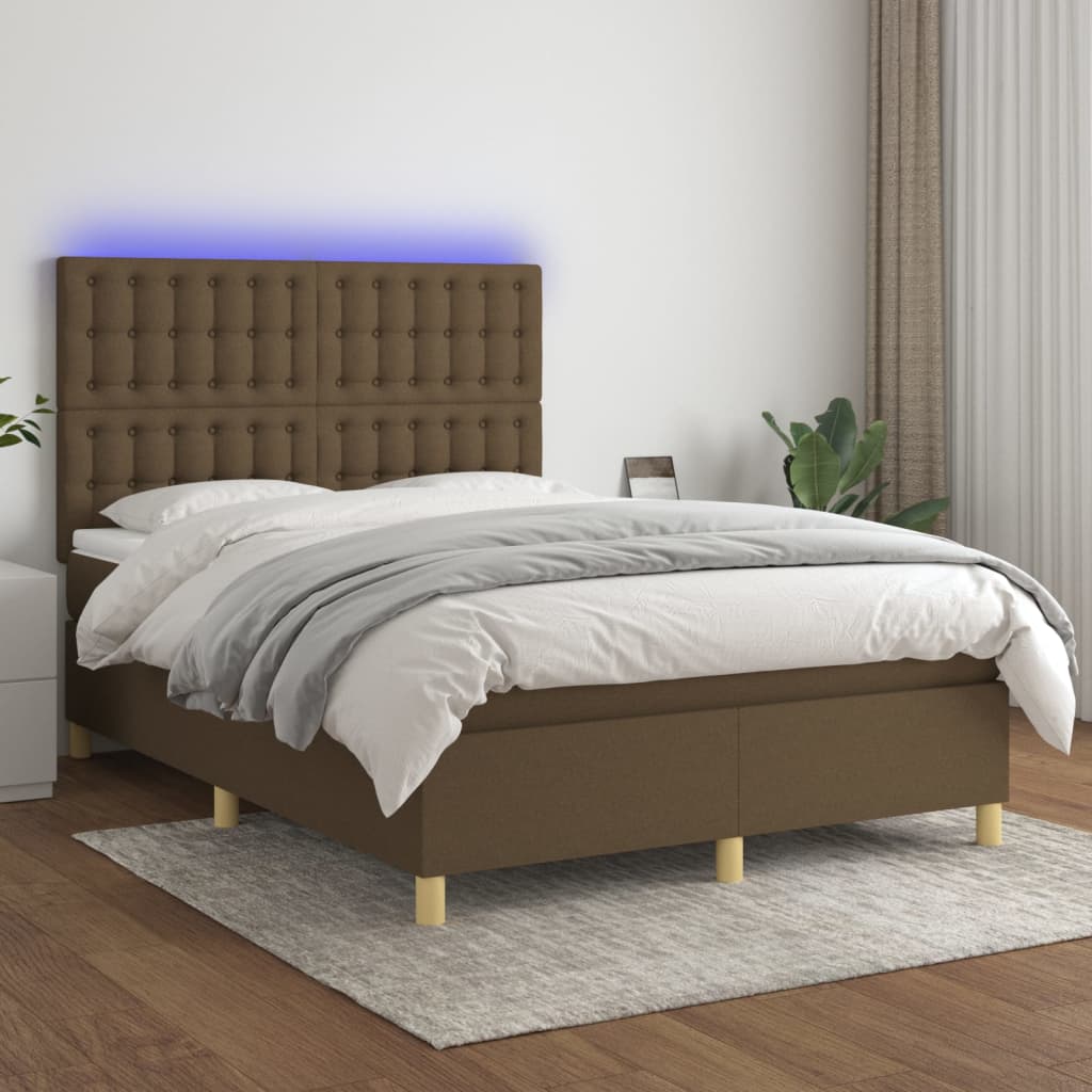 Krevet box spring s madracem LED tamnosmeđi 140x200 cm tkanina