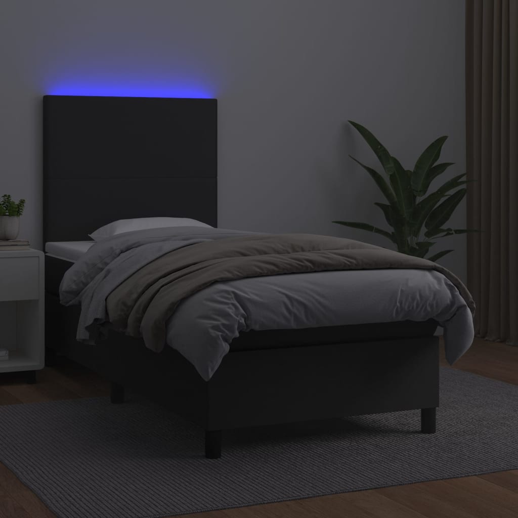 Krevet box spring s madracem LED crni 90x190 cm od umjetne kože