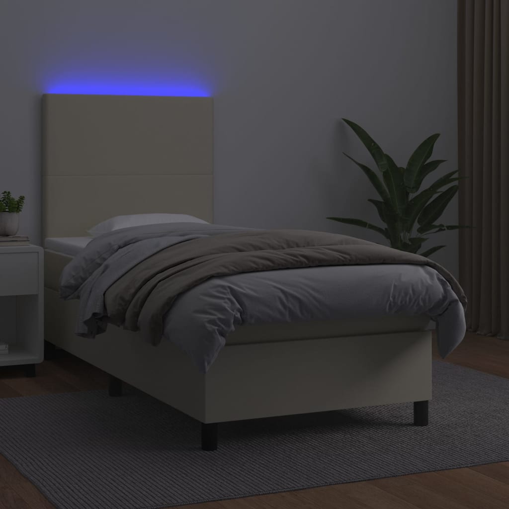 Krevet box spring s madracem LED krem 90x190 cm od umjetne kože