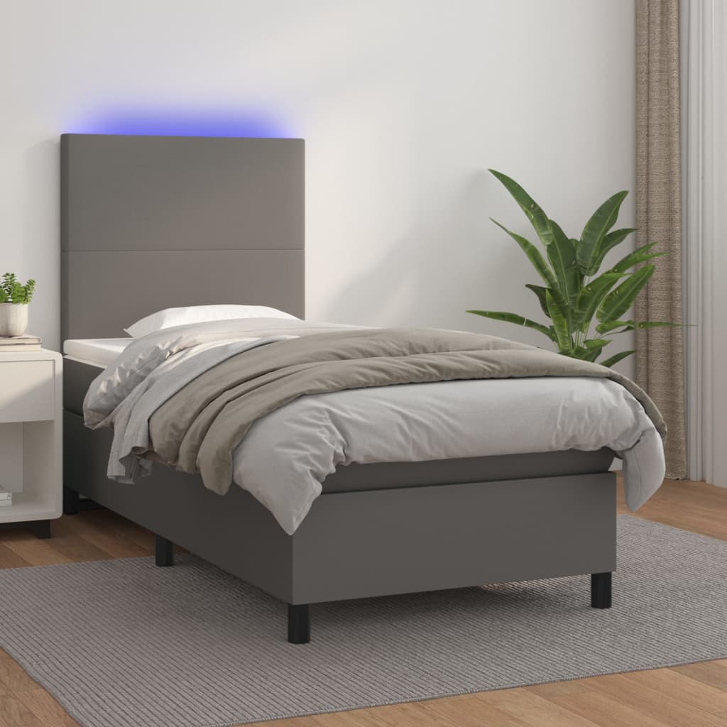 Krevet box spring s madracem LED sivi 90x190 cm od umjetne kože