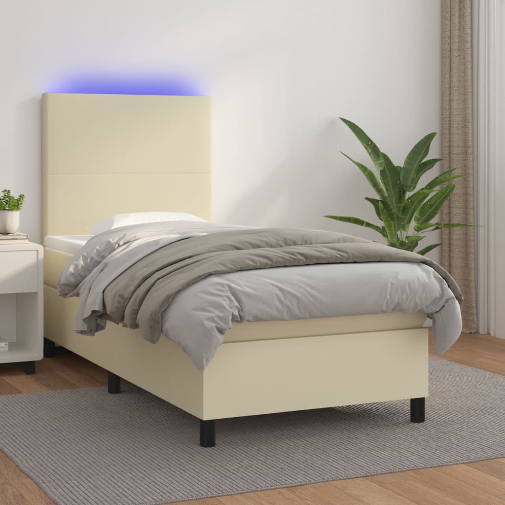Krevet box spring s madracem LED krem 90x200 cm od umjetne kože