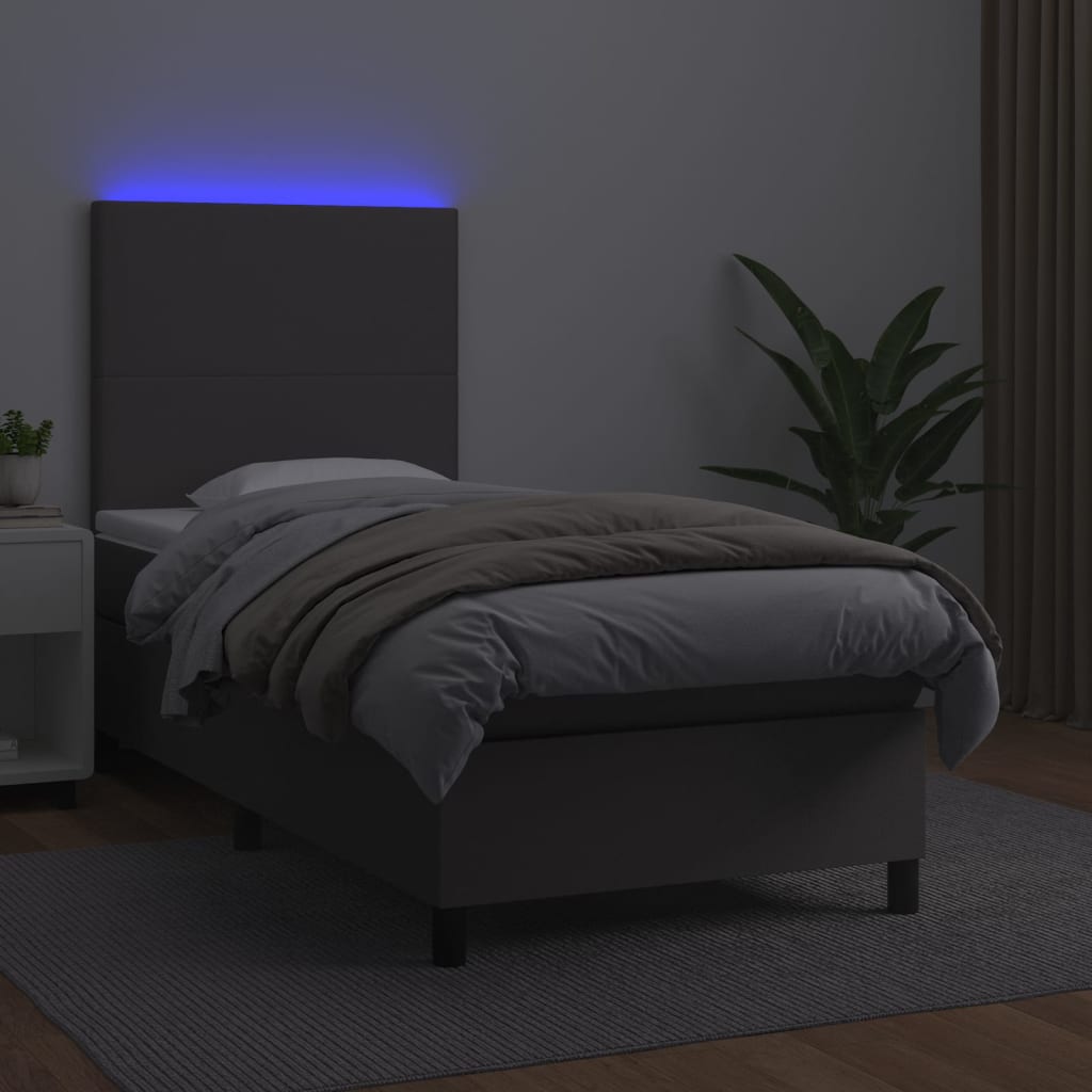 Krevet box spring s madracem LED sivi 90x200 cm od umjetne kože
