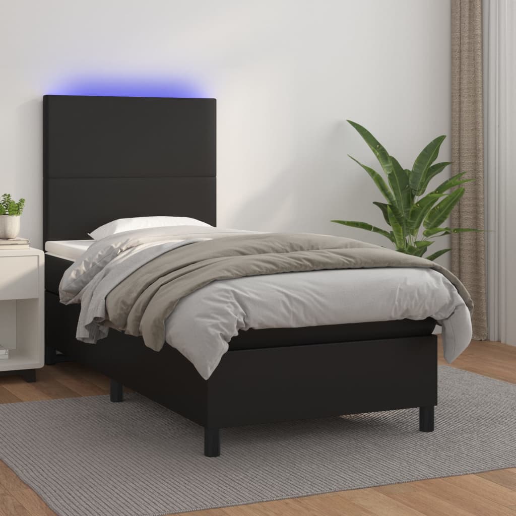 Krevet box spring s madracem LED crni 100x200cm od umjetne kože