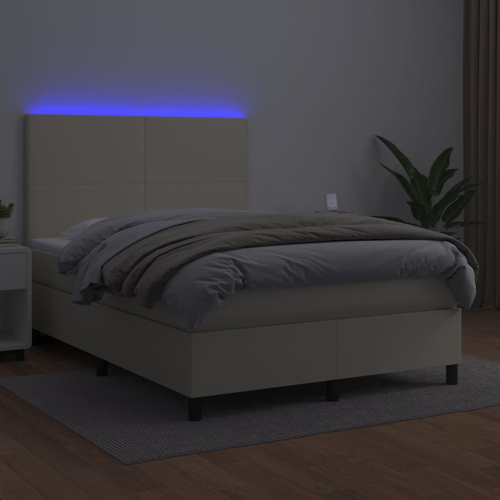 Krevet box spring s madracem LED krem 140x190cm od umjetne kože