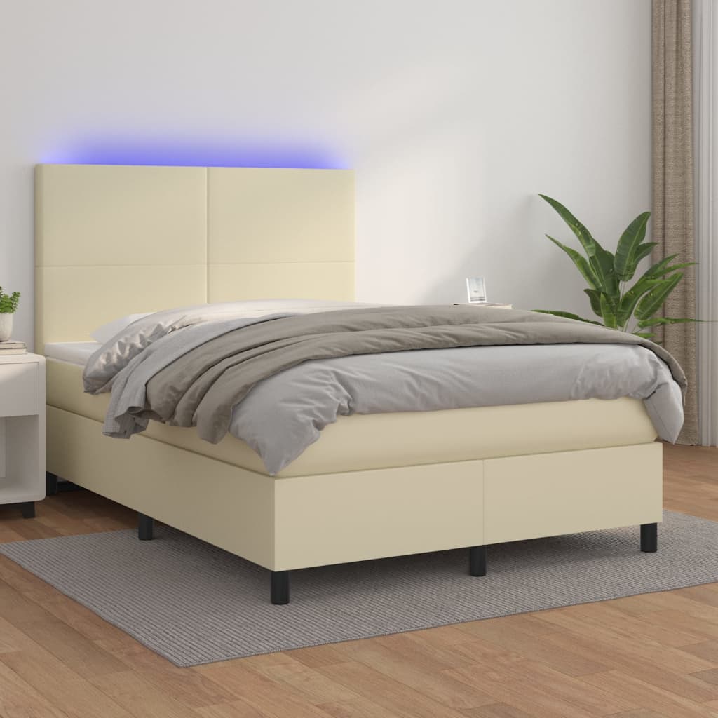 Krevet box spring s madracem LED krem 140x190cm od umjetne kože