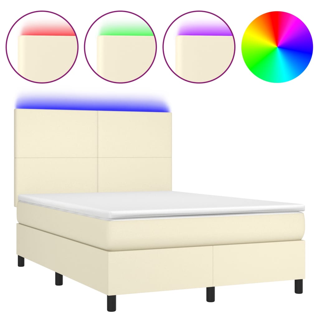 Krevet box spring s madracem LED krem 140x200cm od umjetne kože