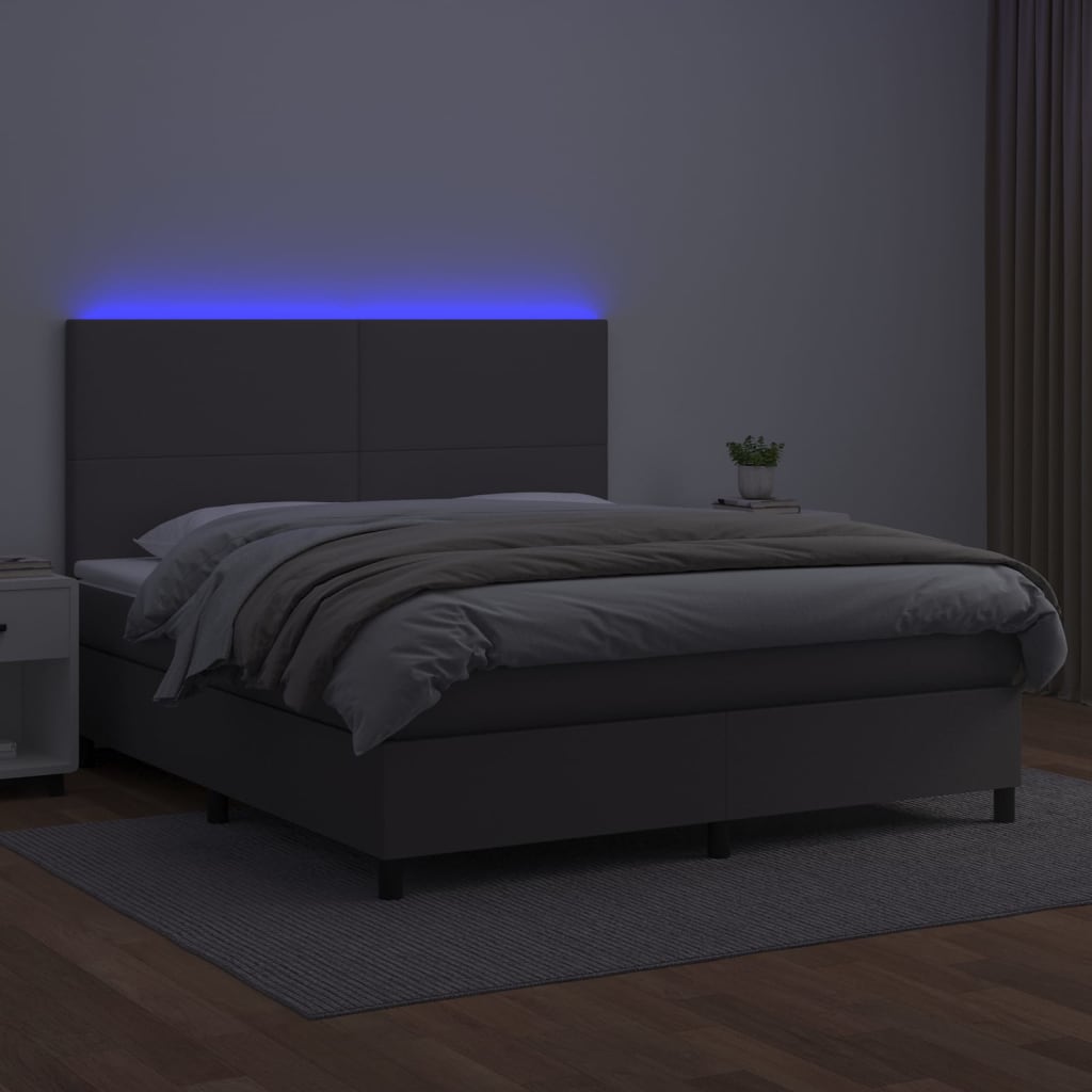 Krevet box spring s madracem LED sivi 180x200cm od umjetne kože