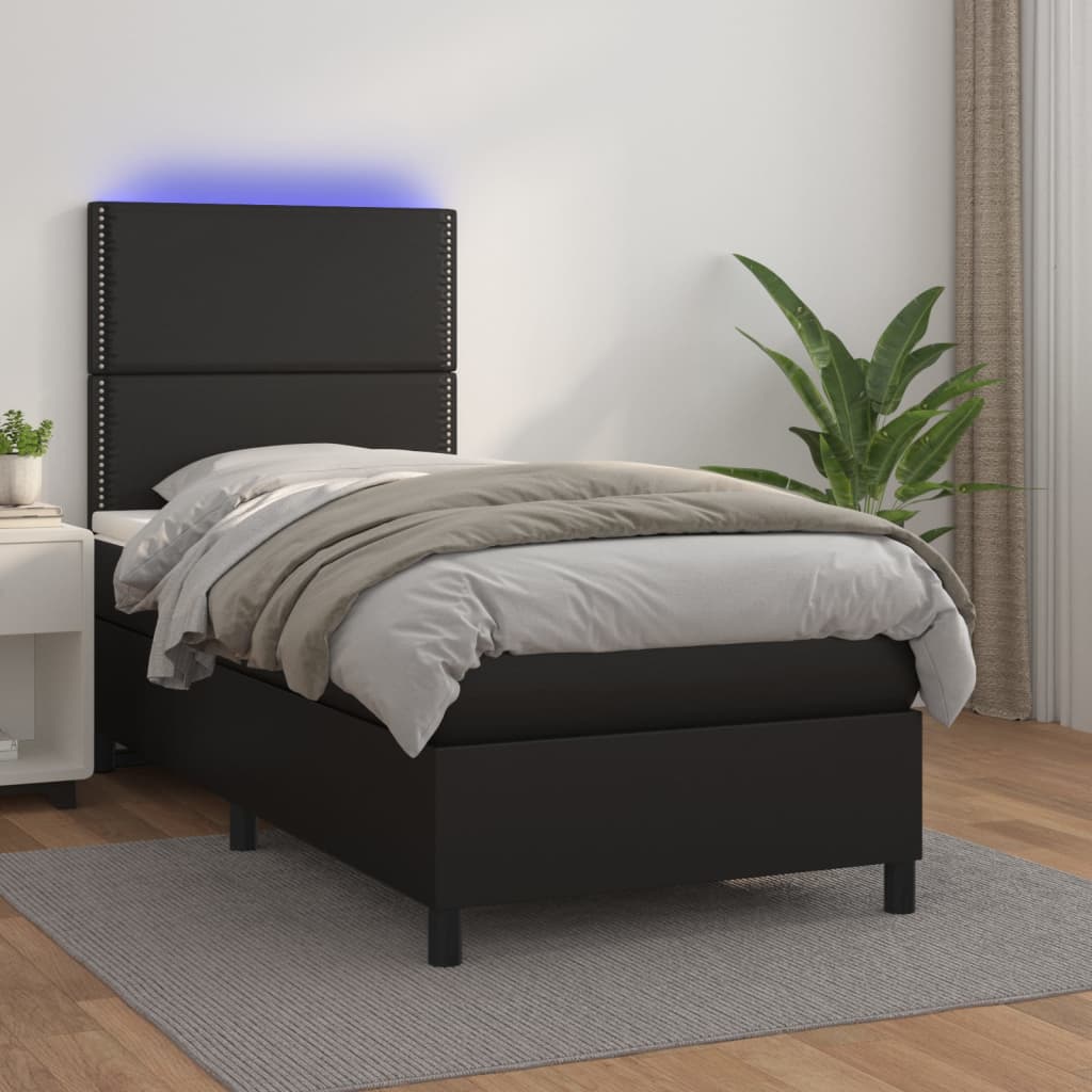 Krevet box spring s madracem LED crni 90x190 cm od umjetne kože