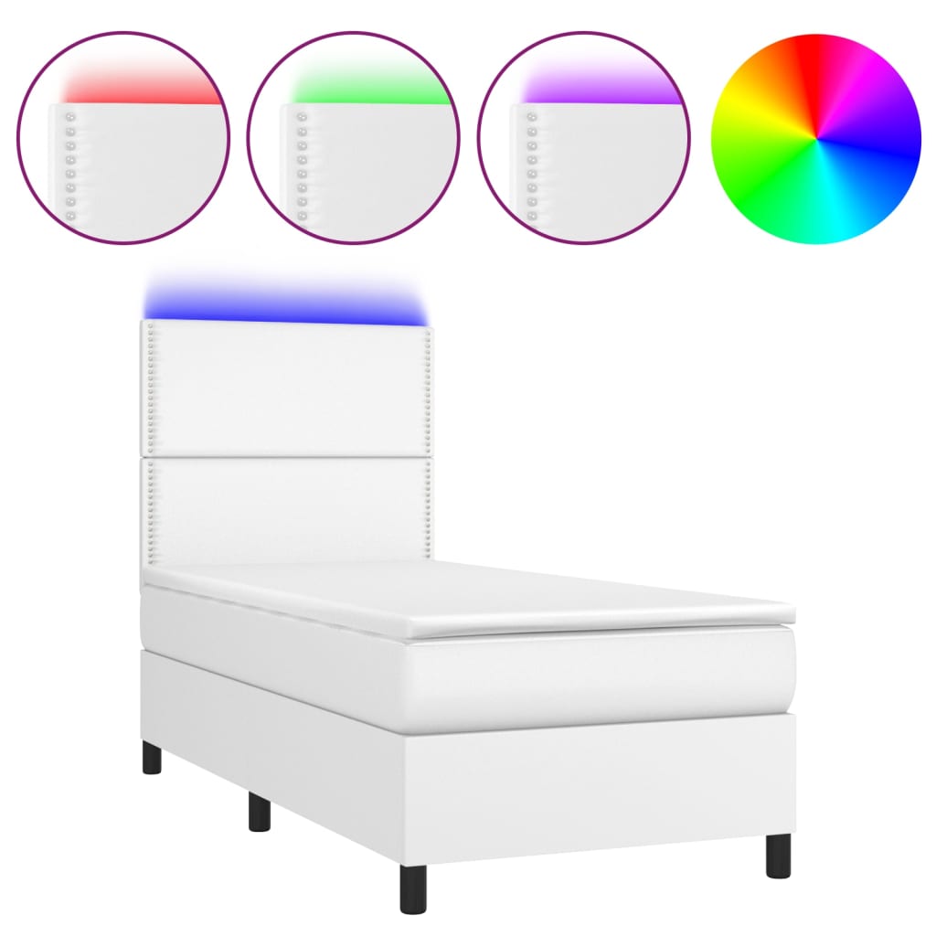 Krevet box spring s madracem LED bijeli 100x200 cm umjetna koža