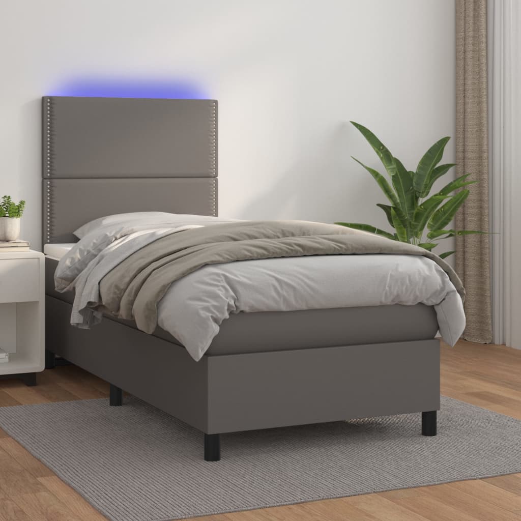Krevet box spring s madracem LED sivi 100x200cm od umjetne kože