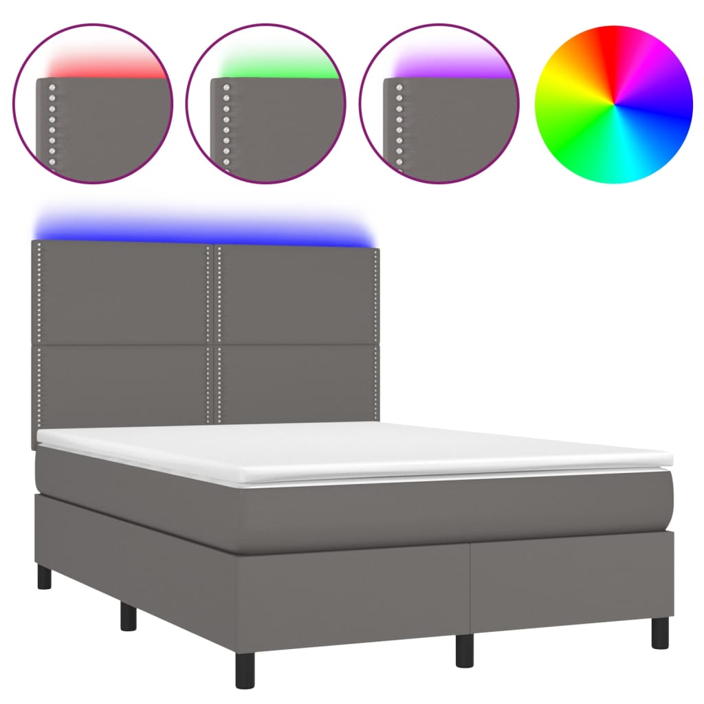 Krevet box spring s madracem LED sivi 140x200cm od umjetne kože