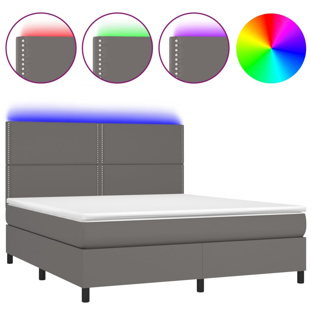 Krevet box spring s madracem LED sivi 180x200cm od umjetne kože