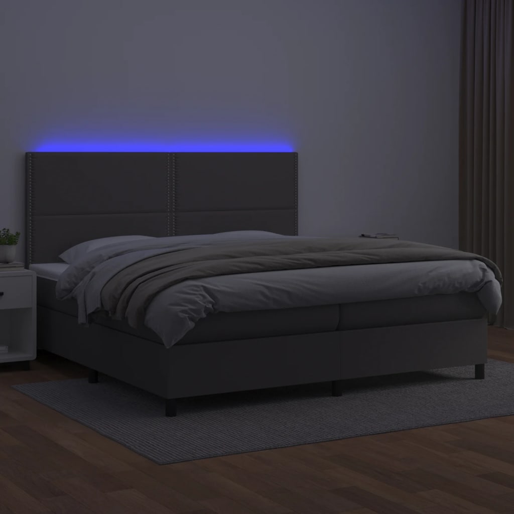 Krevet box spring s madracem LED sivi 200x200cm od umjetne kože