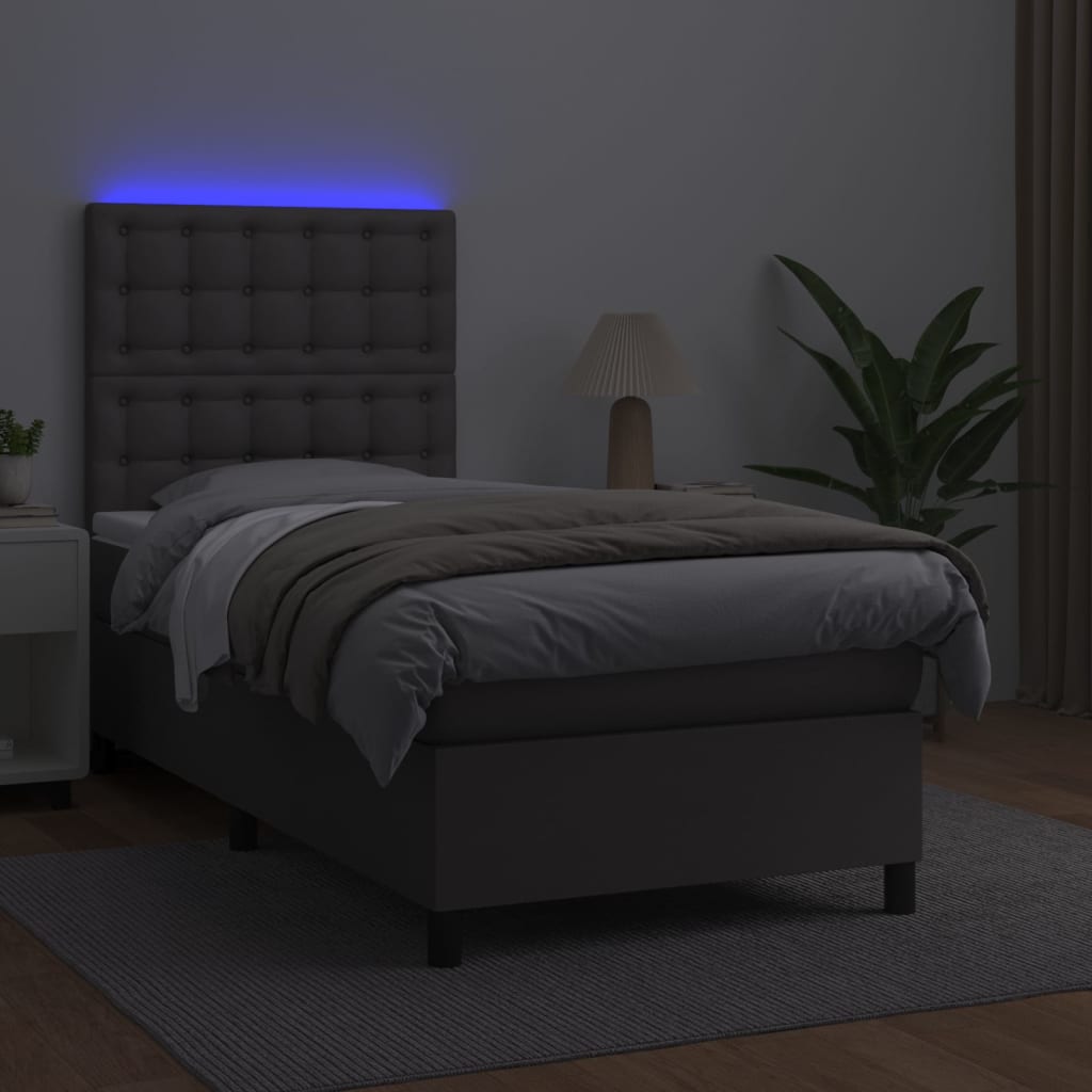 Krevet box spring s madracem LED sivi 80x200 cm od umjetne kože