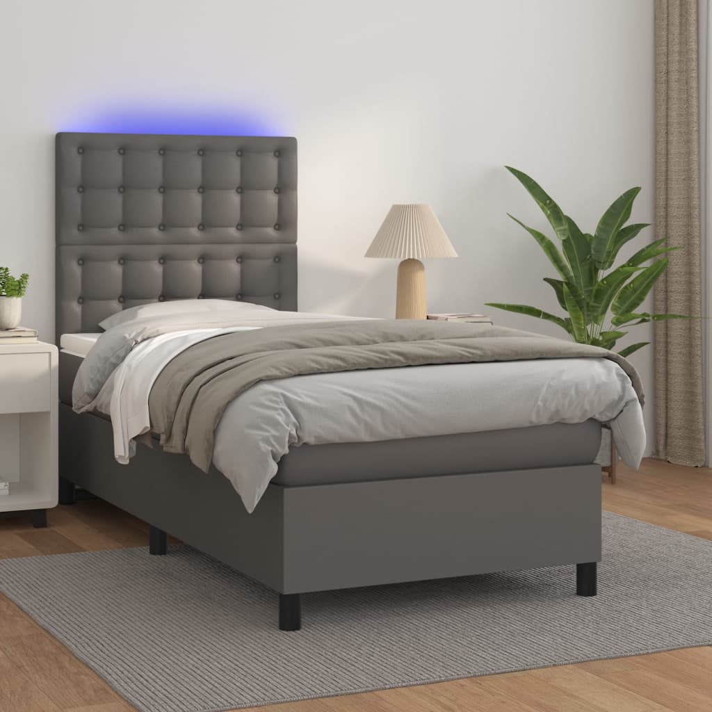 Krevet box spring s madracem LED sivi 80x200 cm od umjetne kože