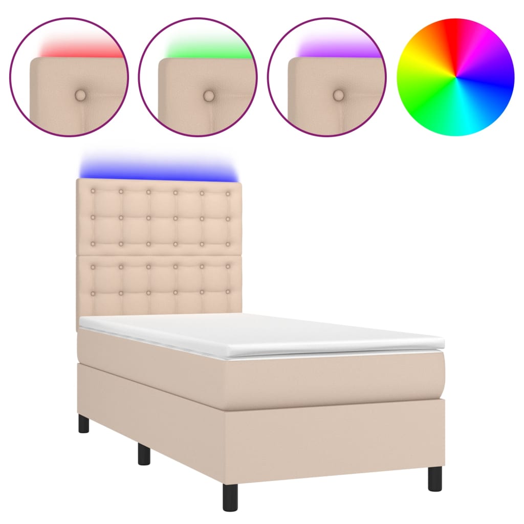 Krevet box spring madrac LED cappuccino 90x190cm umjetna koža