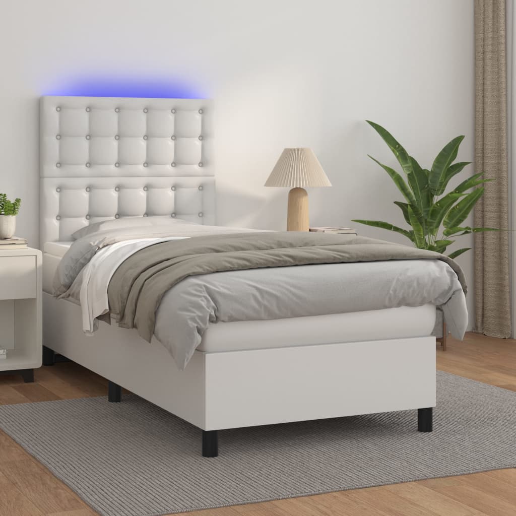Krevet box spring s madracem LED bijeli 90x200 cm umjetna koža
