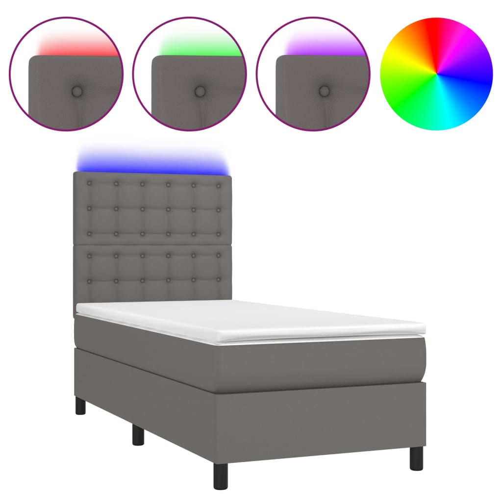 Krevet box spring s madracem LED sivi 100x200cm od umjetne kože