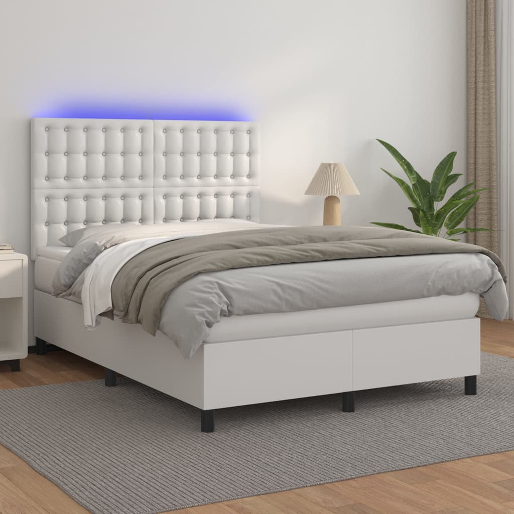 Krevet box spring s madracem LED bijeli 140x190 cm umjetna koža