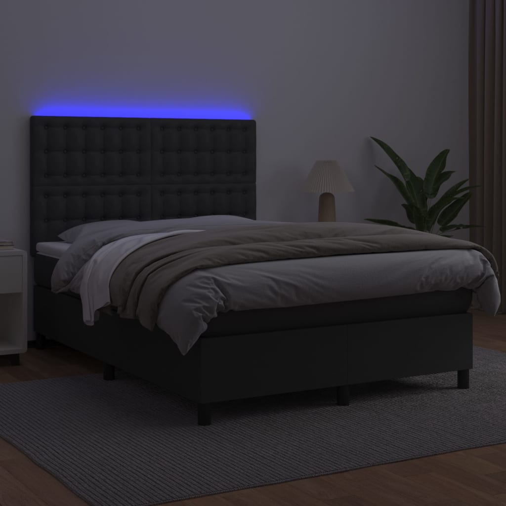 Krevet box spring s madracem LED crni 140x200cm od umjetne kože