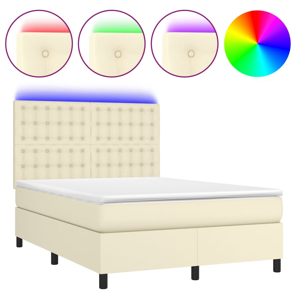 Krevet box spring s madracem LED krem 140x200cm od umjetne kože