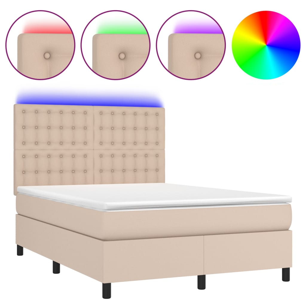 Krevet box spring madrac LED cappuccino 140x200cm umjetna koža