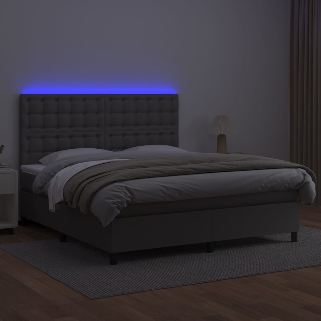 Krevet box spring s madracem LED sivi 160x200cm od umjetne kože