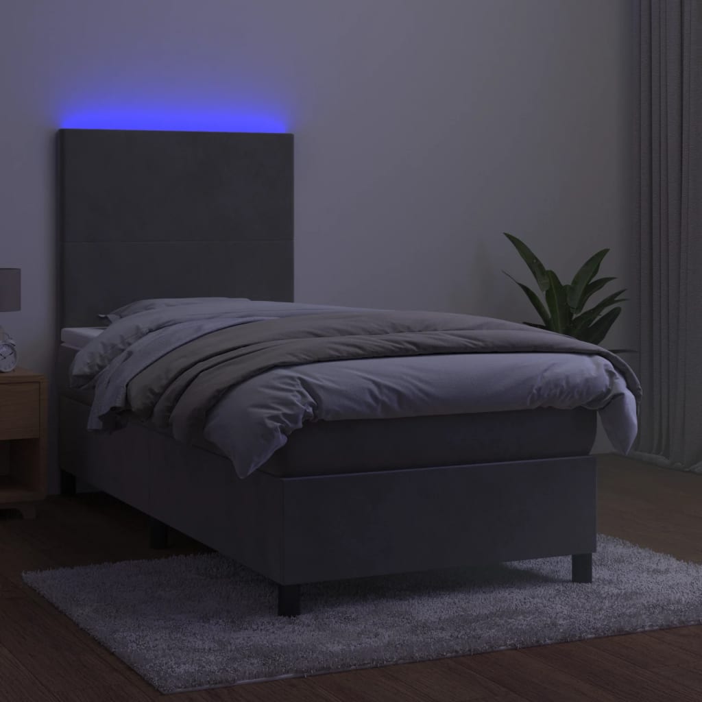 Krevet box spring s madracem LED svjetlosivi 80x200 cm baršun