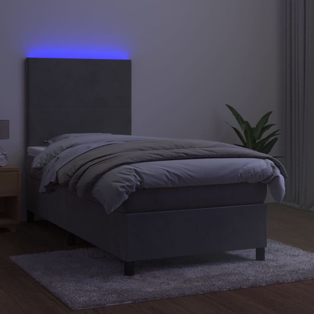 Krevet box spring s madracem LED svjetlosivi 90x190 cm baršun