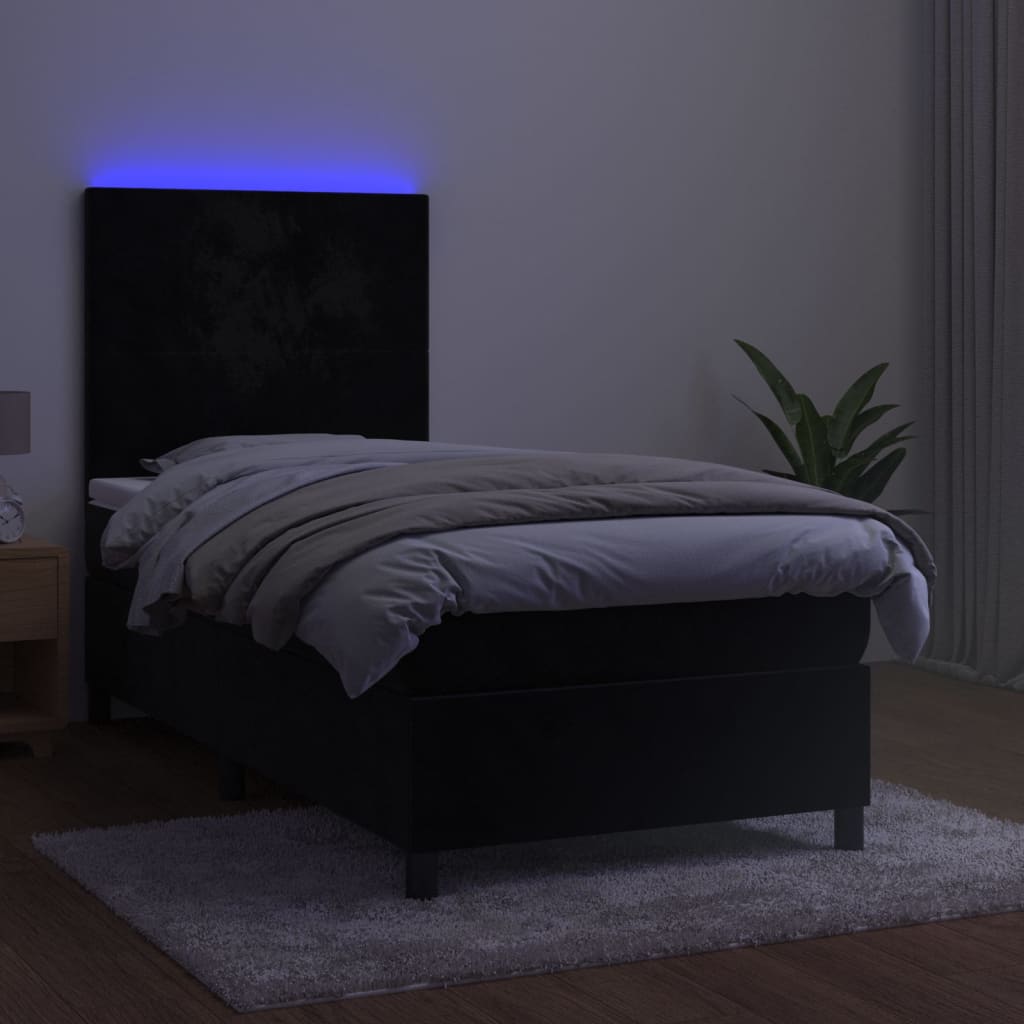 Krevet box spring s madracem LED crni 100x200 cm baršun