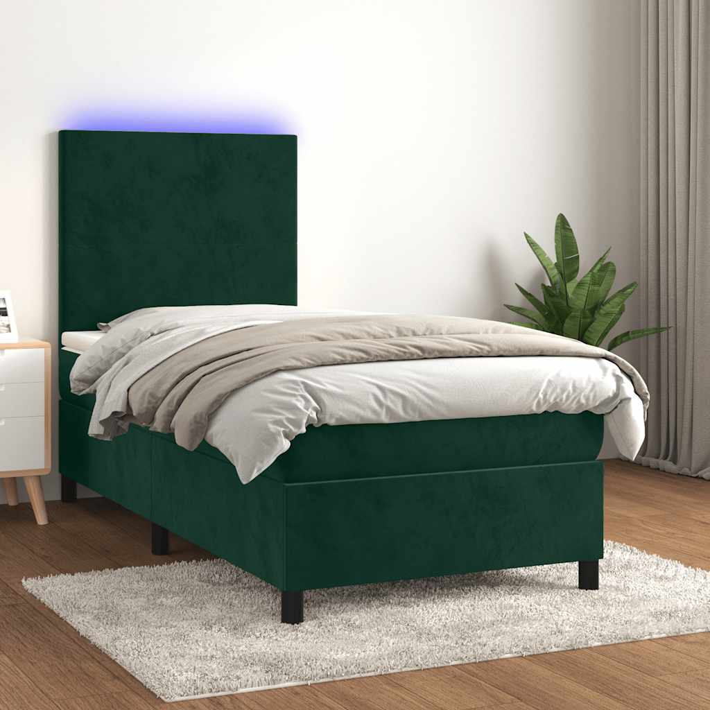Krevet box spring s madracem LED tamnozeleni 100x200 cm baršun