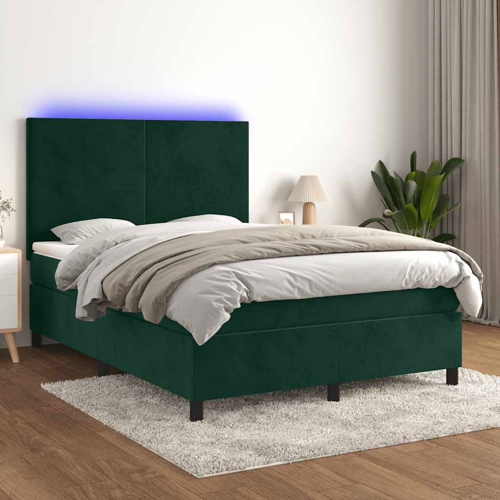 Krevet box spring s madracem LED tamnozeleni 140x190 cm baršun