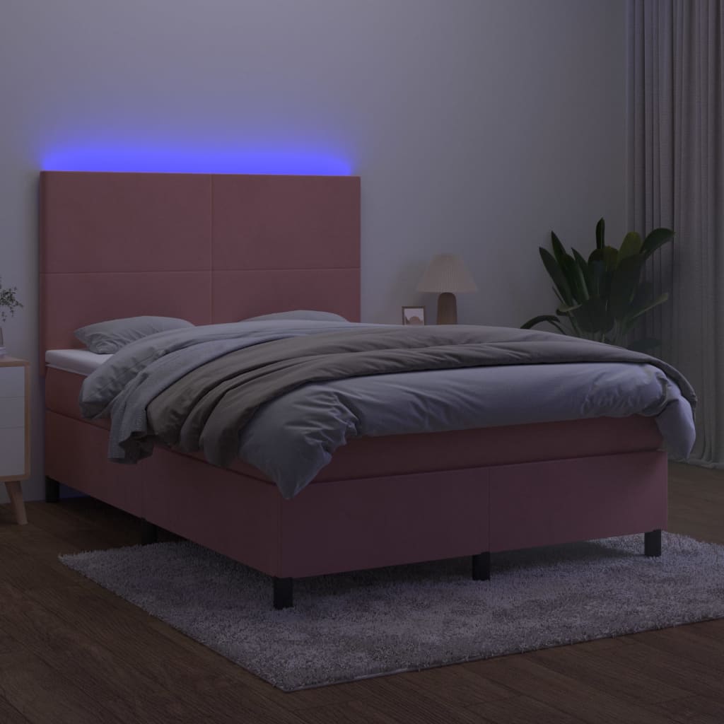 Krevet box spring s madracem LED ružičasti 140x190cm baršunasti