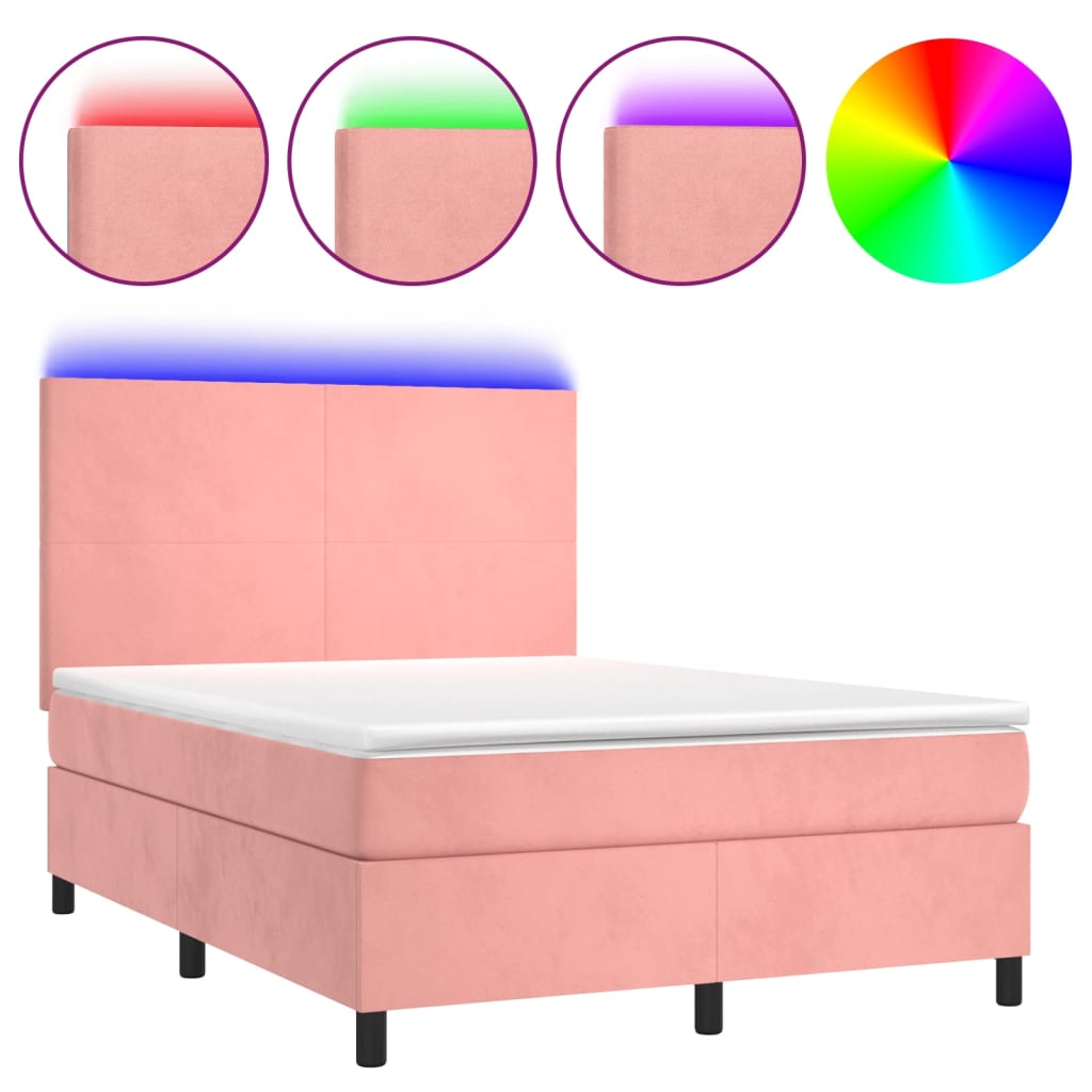 Krevet box spring s madracem LED ružičasti 140x200cm baršunasti