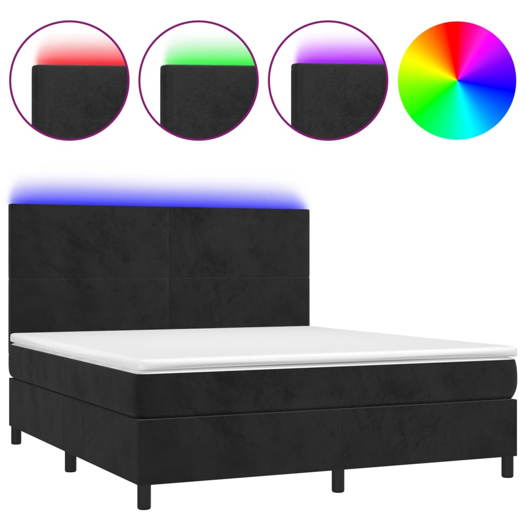 Krevet box spring s madracem LED crni 180x200 cm baršun