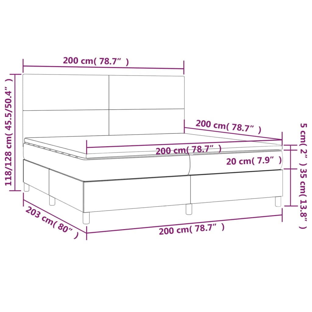 Krevet box spring s madracem LED svjetlosivi 200x200 cm baršun