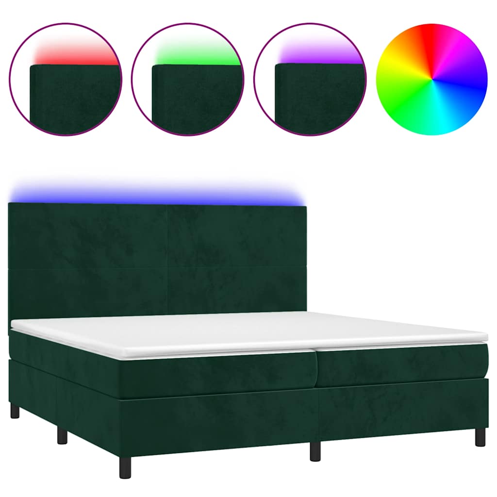 Krevet box spring s madracem LED tamnozeleni 200x200 cm baršun