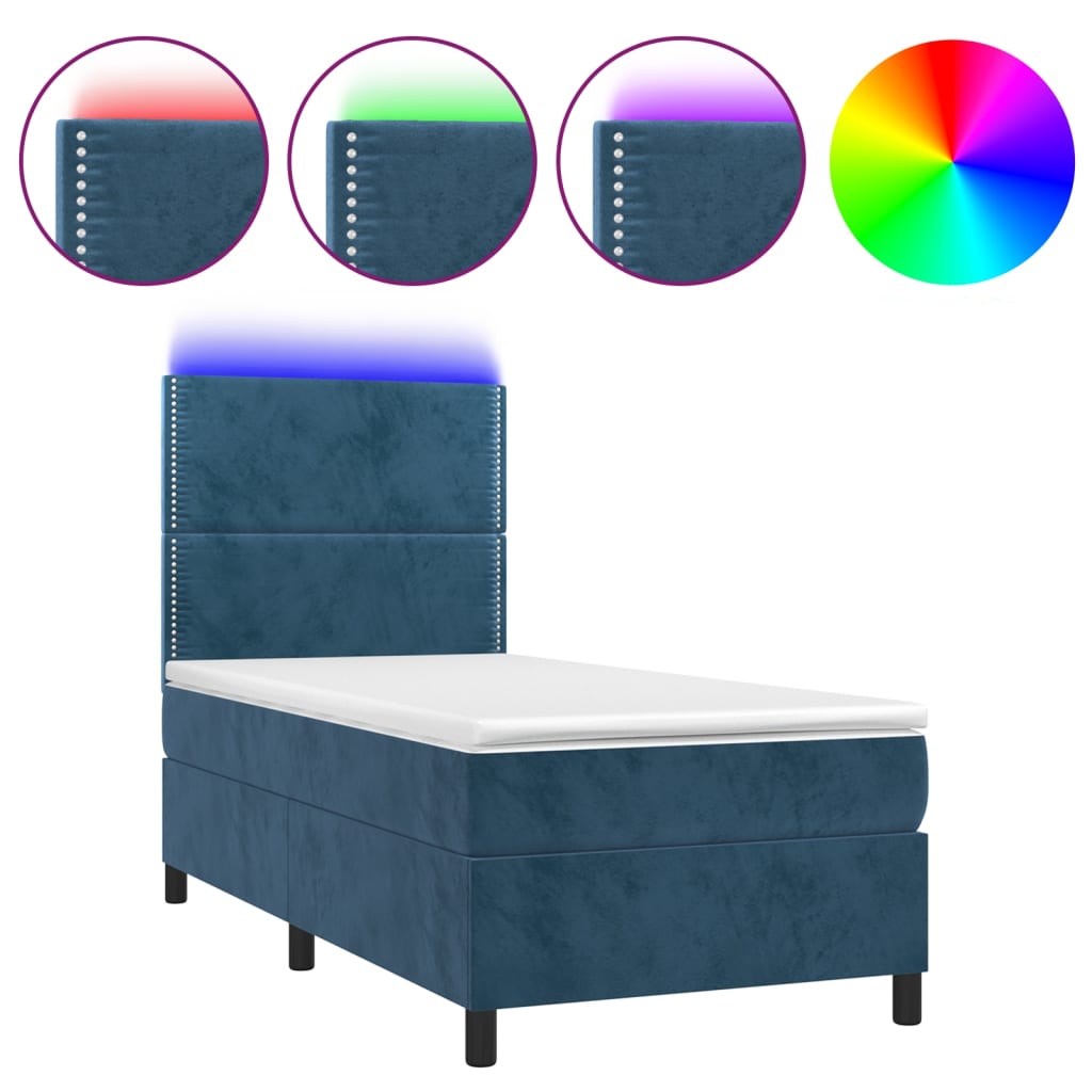 Krevet box spring s madracem LED tamnoplavi 80 x 200 cm baršun