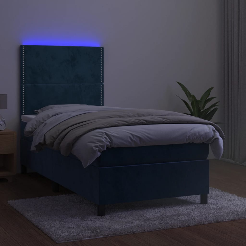 Krevet box spring s madracem LED tamnoplavi 80 x 200 cm baršun