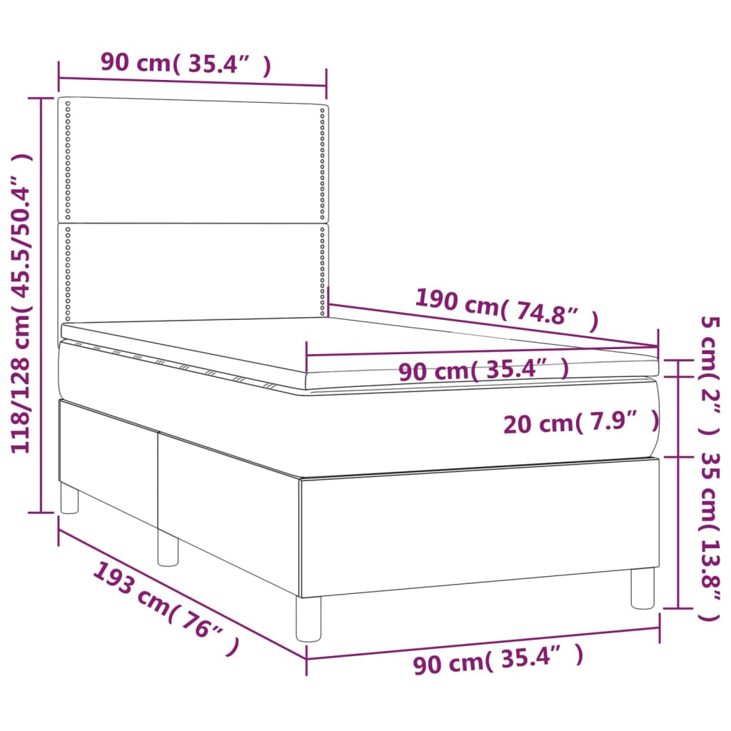 Krevet box spring s madracem LED tamnosivi 90x190 cm baršun