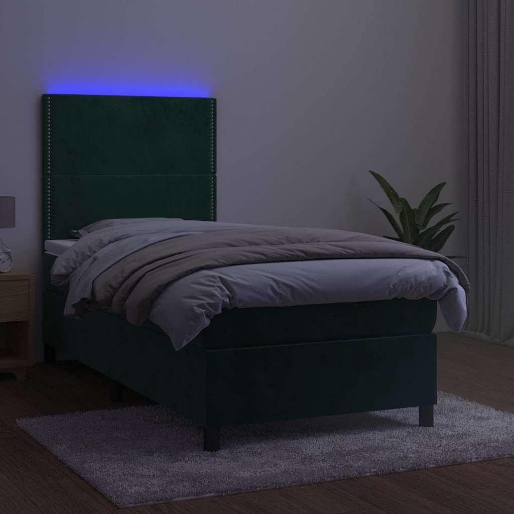 Krevet box spring s madracem LED tamnozeleni 90x190 cm baršun