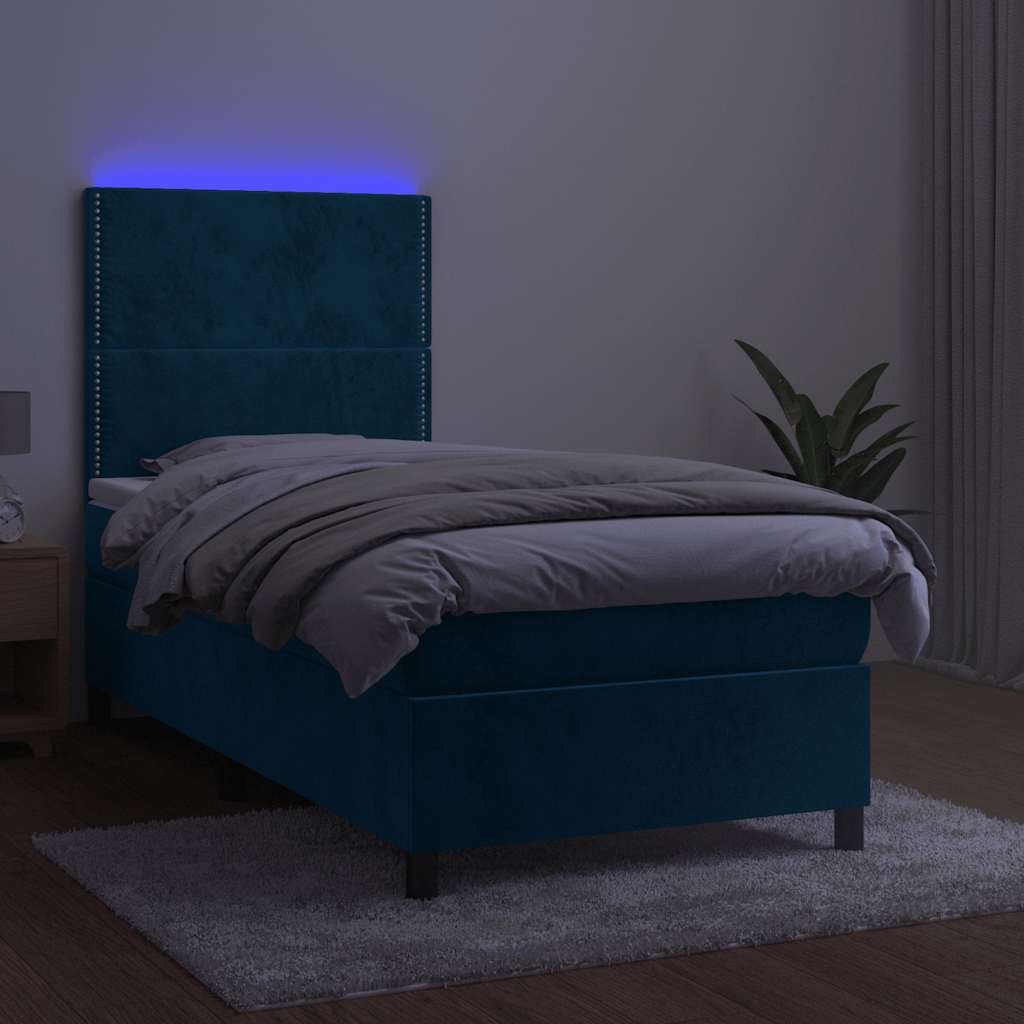 Krevet box spring s madracem LED tamnoplavi 90x190 cm baršun