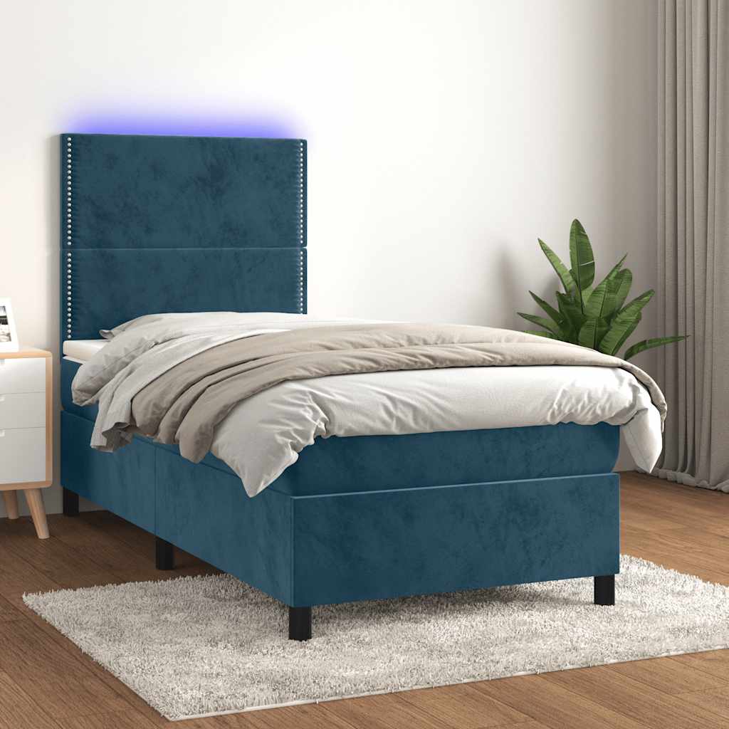 Krevet box spring s madracem LED tamnoplavi 90x190 cm baršun