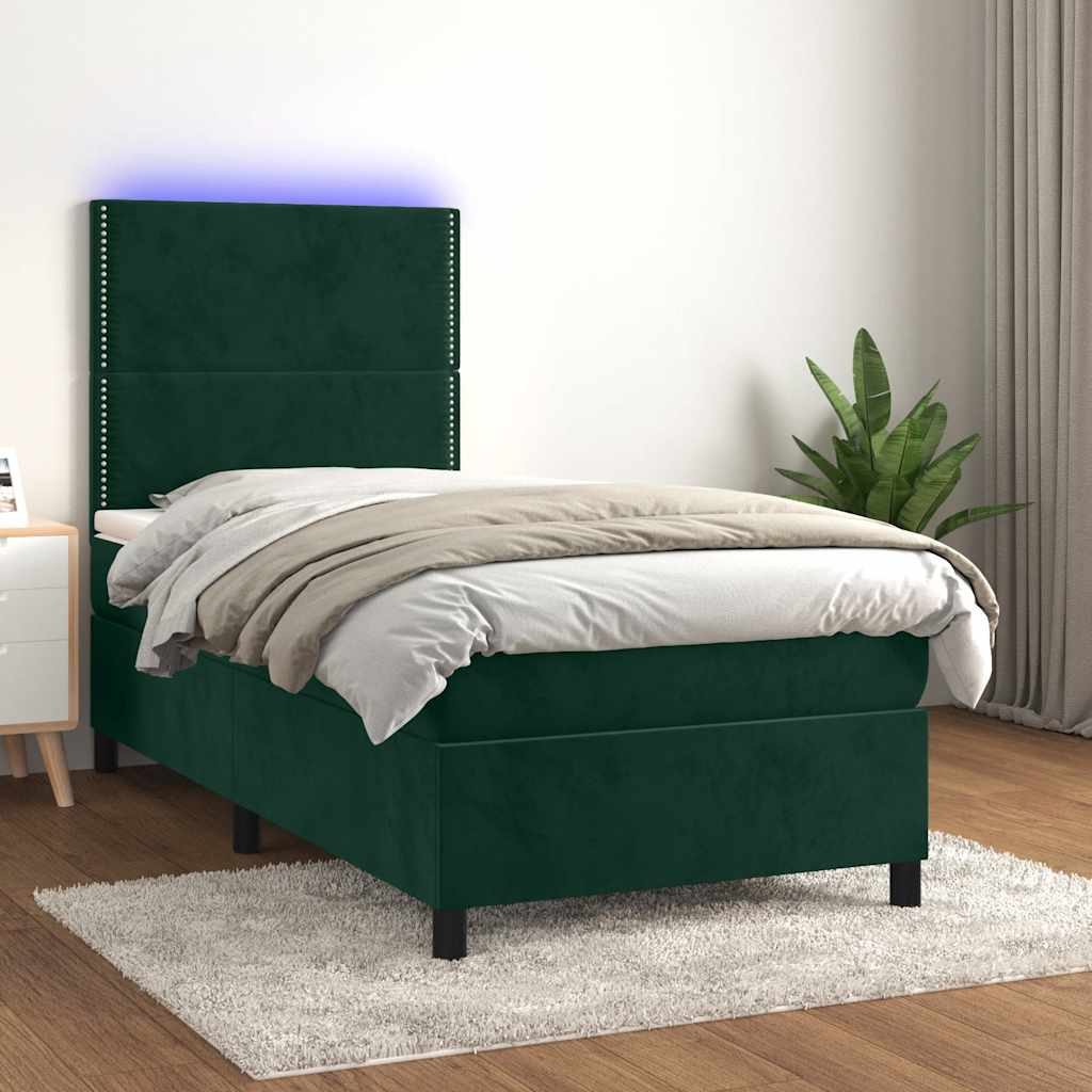 Krevet box spring s madracem LED tamnozeleni 90x200 cm baršun