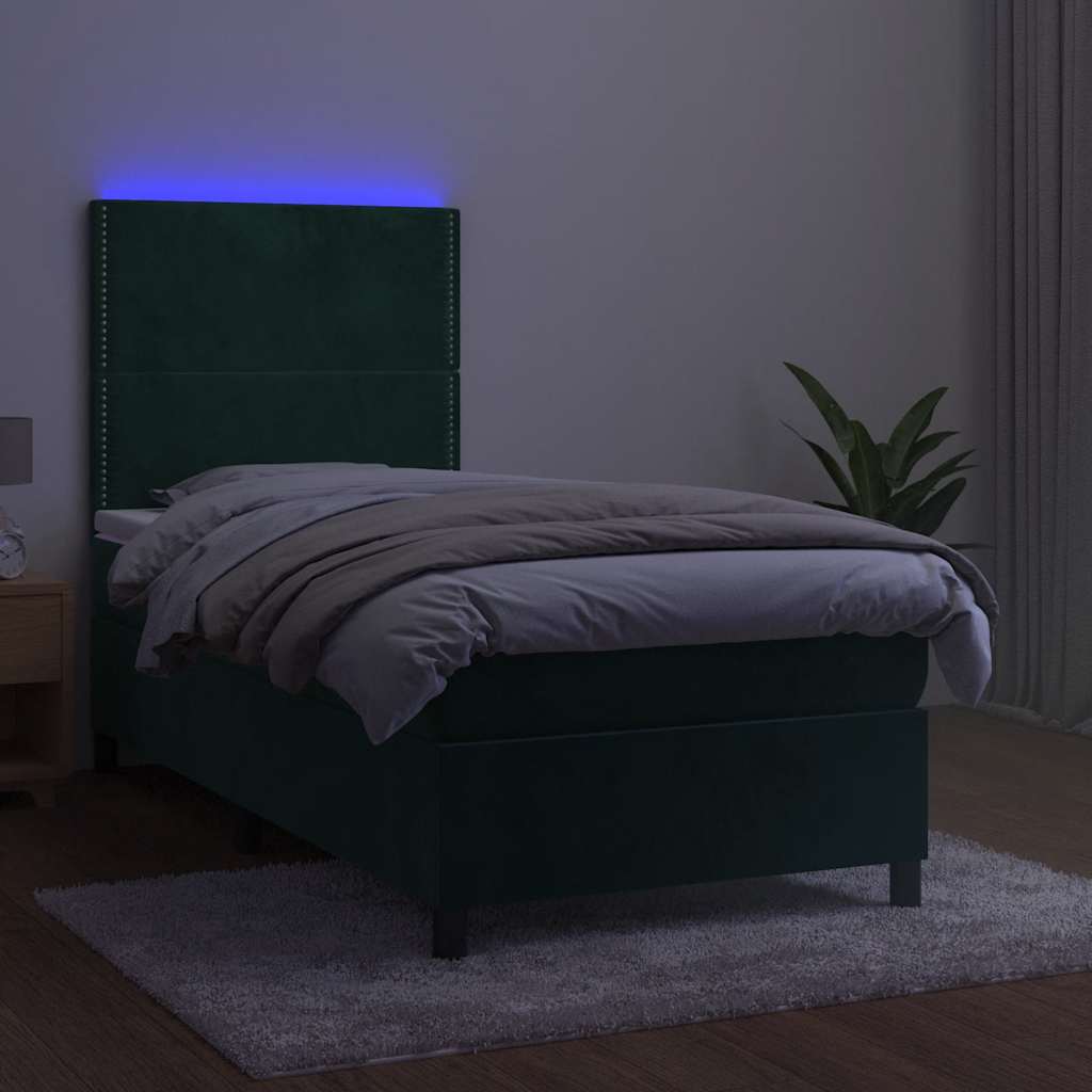 Krevet box spring s madracem LED tamnozeleni 100x200 cm baršun