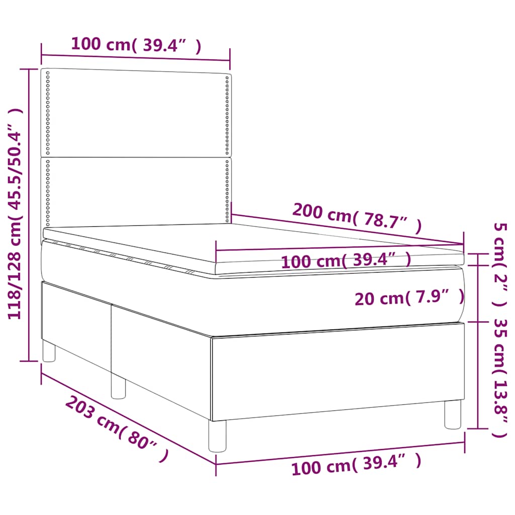 Krevet box spring s madracem LED tamnozeleni 100x200 cm baršun