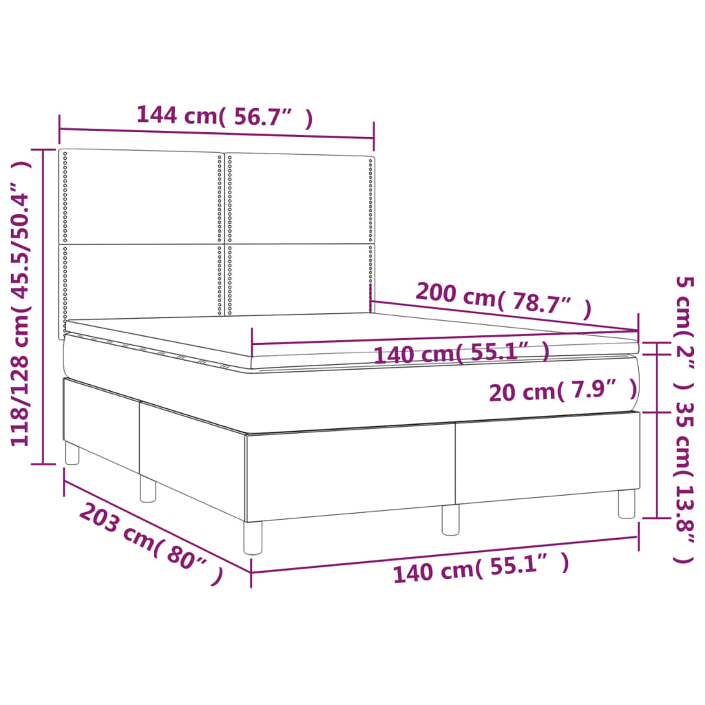Krevet box spring s madracem LED svjetlosivi 140x200 cm baršun